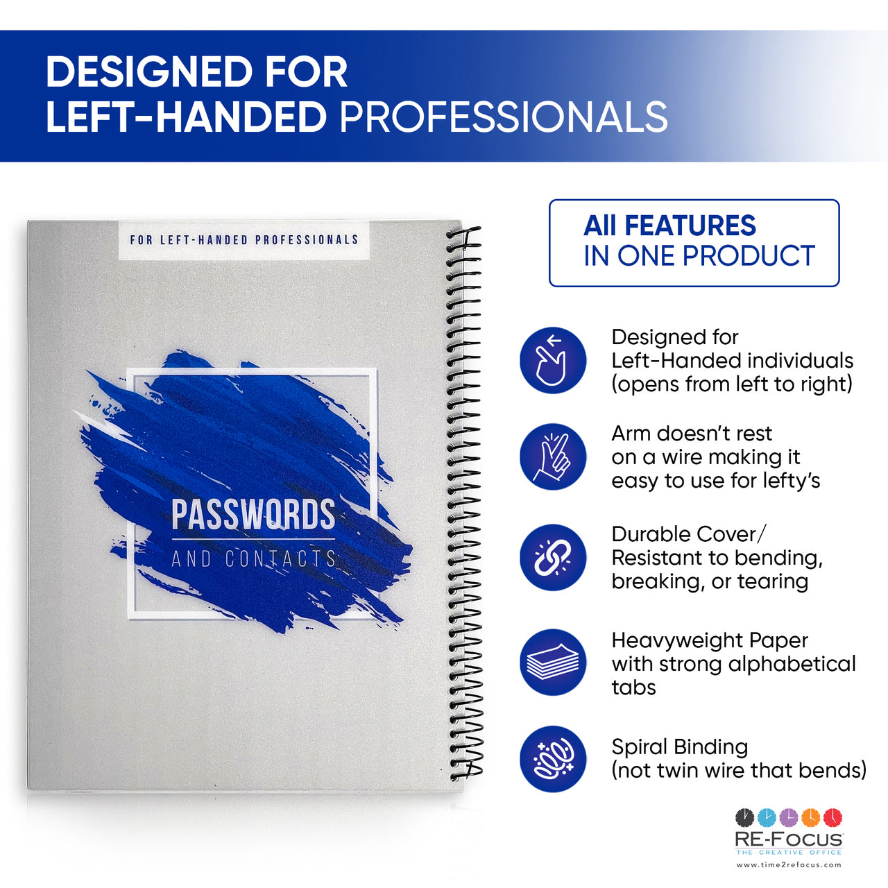 RE-FOCUS THE CREATIVE OFFICE, Left-Handed Large Password Keeper Book, Blue