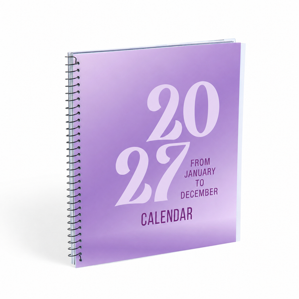 A spiral-bound 2027 calendar with a lavender purple cover and white text, shown at an angle on a white background.