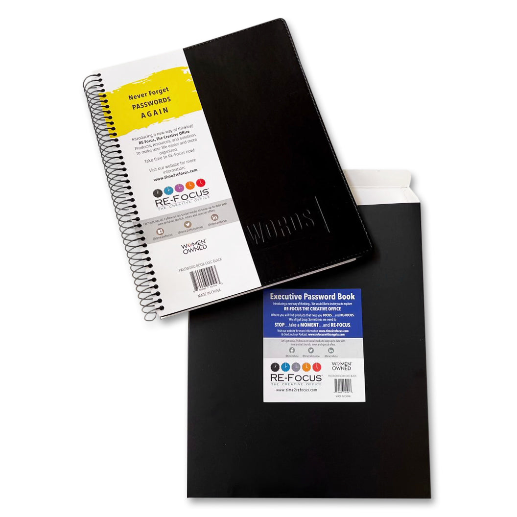 RE-FOCUS THE CREATIVE OFFICE, Executive Black Password Keeper Book, Flexible Faux-Leather Cover