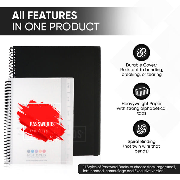 RE-FOCUS THE CREATIVE OFFICE, Small/Mini Password Book, Alphabetical Tabs, Spiral Binding